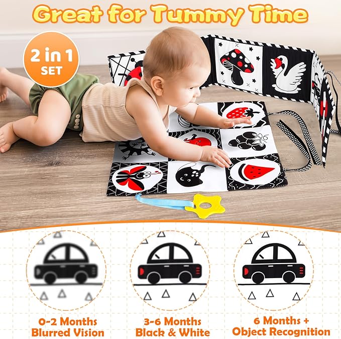 High Contrast Baby Toys for Newborn Infant 0-6 Months Montessori Tummy Time Black and White Sensory Crinkle Toys 0-3 3-6 Months Soft Books Carseat Toys for Baby Boys Girls Easter Basket Stuffers Gifts