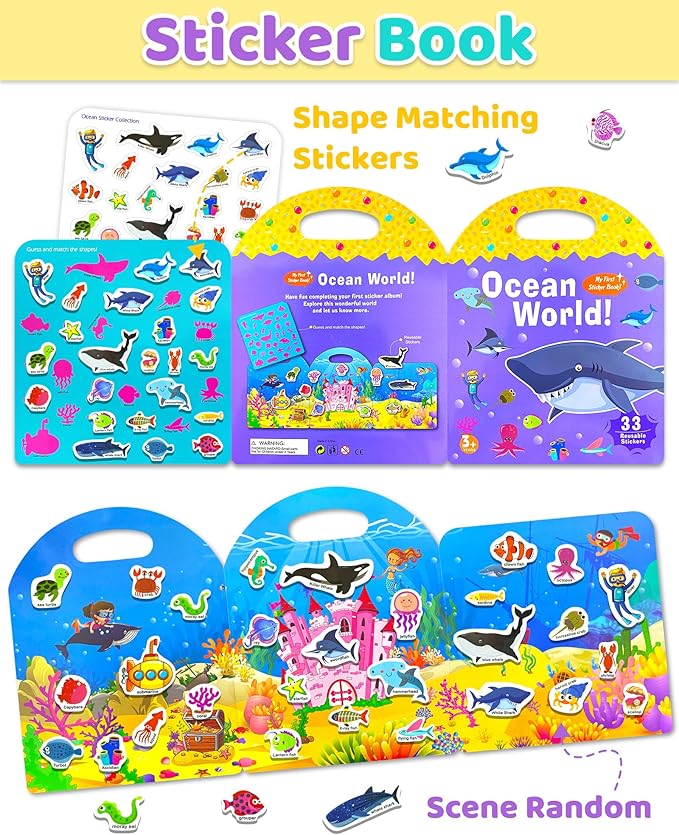 Benresive Reusable Sticker Book for Toddlers 2-4 Years, Fun Travel Stickers for Kids, Waterproof Sticker Books for Toddlers 1-3, Crafts Activities for Todddlers 1-3 2-4 3-5 - Ocean World