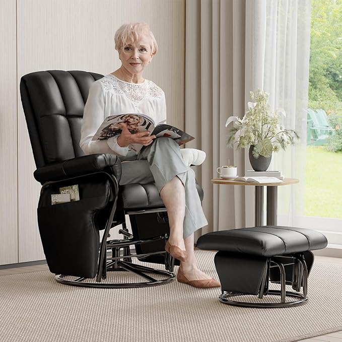 JIASTING 360° Swivel Recliner Chair with Ottoman & Double Side Pockets, Nursing Glider Rocking Recliner Chair, Gliding Chair for Nursery, Living Room, Office, Bedroom, Metal Frame (Black 1)