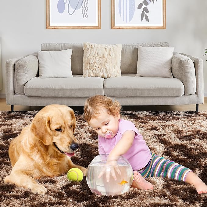 Fluffy Shag Area Rug, 4x5.8 Tie-Dyed Brown Rugs for Bedroom, Soft Plush Area Rugs for Living Room, Non-Slip Indoor Carpet for Nursery, Study Room, Dressing Room, Home Decor