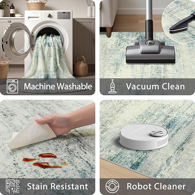 Area Rug 9x12 Washable Rugs: Abstract Large Living Room Rugs with Non-Slip Backing, Thin Carpet for Dining Room Table Bedroom Nursery Indoor Home Office-Blue/Gray