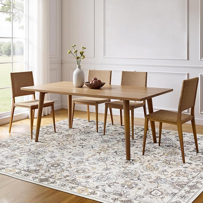 6x9 Area Rug for Living Room & Bedroom, Washable Non-Slip Vintage Rugs, Neutral Floral Soft Carpet, Low Pile Wool Carpets for Indoor Dining Home Office Playroom Under Table, Beige