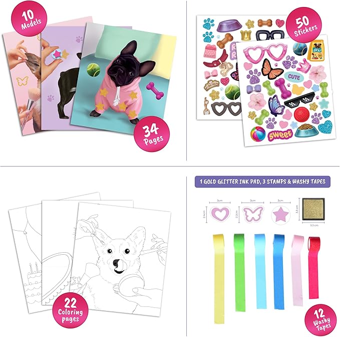 BSCOOL Dog in Style – Design Your Pet Fashion with 25 Coloring Pages, 3 Stamps, 50+ Stickers, Washi Tapes and Guides. Discover Unique Outfits for Dogs. Educational. Travel Friendly for Ages 5 and up.