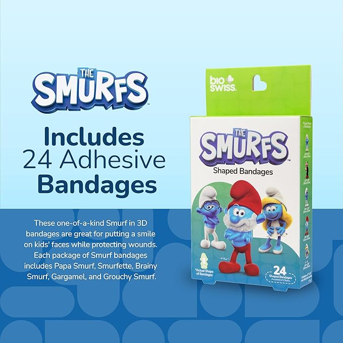 BioSwiss Bandages, The Smurfs in 3D Shaped Self Adhesive Bandage, Latex Free Sterile Wound Care, Fun First Aid Kit Supplies for Kids and Adults, 24 Count Box