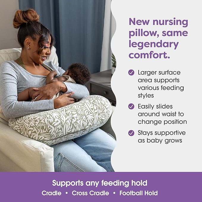 Boppy Nursing Pillow - Ergonomic Bottle & Breastfeeding Pillow, Higher, Firmer & Larger, Water-Repellent with Washable Organic Cotton Cover, Baby Safety Alliance Verified - Green Cut Out Leaves