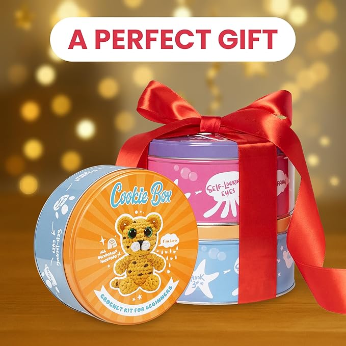 Cookie Box Crochet Kit for Beginners - Learn to Craft Amigurumi Stuffed Animals - Knitting Gift for Kids and Adults - Beginner-Friendly Yarn - Stitch-by-Stitch Video Tutorial - Leopard Leo