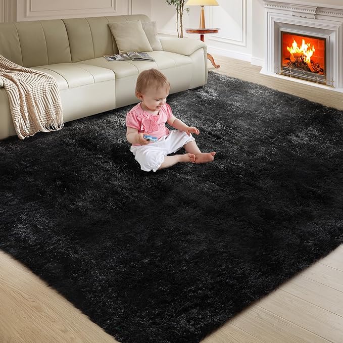 Extra Large Shag Rug, 9x12 Ultra Soft Indoor Modern Area Rugs for Living Room, Non-Skid Modern Nursery Rugs, Fluffy Carpet for Boy and Girls Room Dorm Home Decor Aesthetic, Black