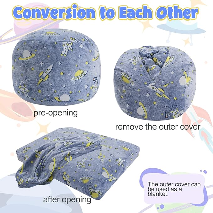 COMAX Kids Bean Bag Chair Turn into Beanbag Bed, Toddler Bean Chair for Girl Boy Sleeping, Lazy Children Bean Bags with Filler, Convertible Child Floor Mattress, Blue Universe