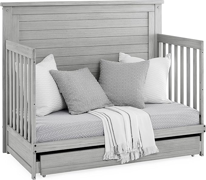 Delta Children Simmons Kids Caden 6-in-1 Convertible Crib with Trundle Drawer, Greenguard Gold Certified, Rustic Mist