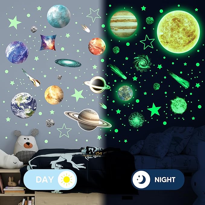 Glow in The Dark Stars and Planets for Ceiling, Robmoda Glow Solar System Wall Stickers, Space Wall Decals for Kids Boys Room (Green)