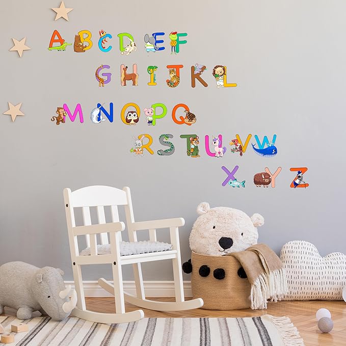 ABC Educational Wall Stickers for Kids - Animal Alphabet Wall Decals by Lipastick - Peel and Stick Letters for Boys and Girls Bedroom, Baby Room, Nursery Decor - Removable Wall Art