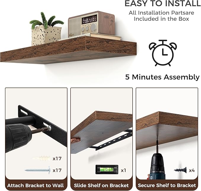 Floating Shelves for Wall, Large Wall Mounted Shelves with Invisible Brackets, Long Wood Floating Shelf for Living Room, Bedroom, Kitchen, (Brown, 72" W x 9" D x 1.5" H)