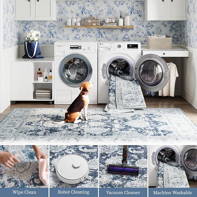 jinchan 8x10 Area Rugs for Living Room Machine Washable Vintage Floral Distressed Design Stain Resistant Boho Carpet Low Pile Non-Slip Rug for Bedroom Dining Room Home Office (8‘x10',Dark Blue)