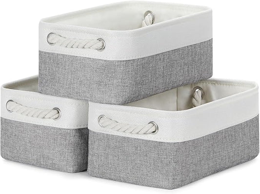 Bidtakay Small Baskets Fabric Storage Baskets for Organizing 3-Pack 12x8x5 Inch Collapsible Storage Bins for Shelves Canvas Bins for Closet Organization Home Baskets Storage Linen Closet S-White&Grey
