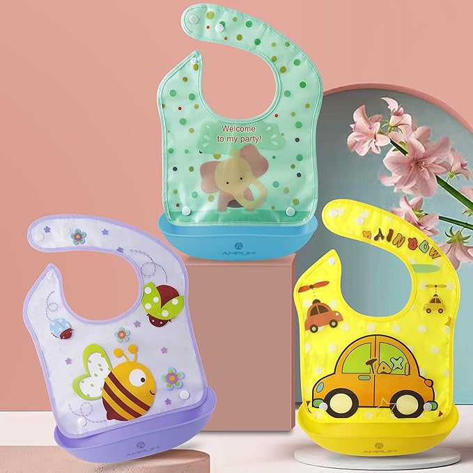 Amplim Baby Feeding Bib (3-Pack) Toddler/Baby Bibs for Eating. Waterproof, Adjustable, Lightweight. Eco-friendly PEVA material. BPA, Lead, Phthalate, Cadmium free