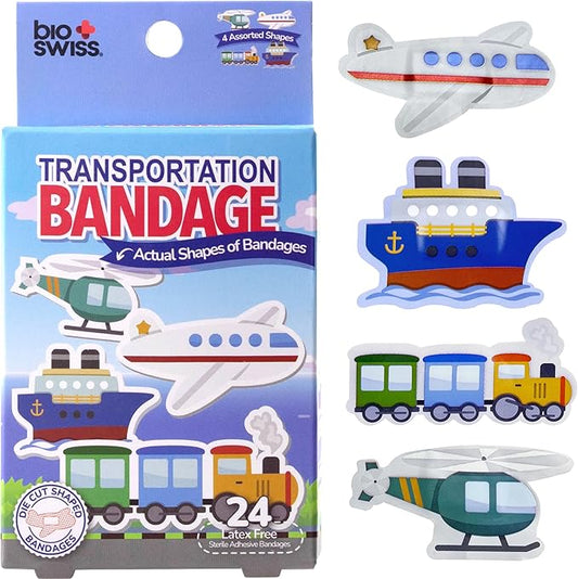 BioSwiss Bandages, Transportation Shaped Self Adhesive Bandage, Latex Free Sterile Wound Care, Fun First Aid Kit Supplies for Kids and Adults, 24 Count