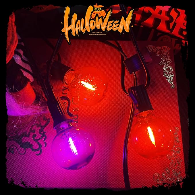 25FT Outdoor Halloween String Lights, G40 Outdoor Halloween Decorations Light with 27 LED Shatterproof Orange Purple Globe Lights(2 Spare), Hanging Patio Lights for Holiday Balcony Backyard Party