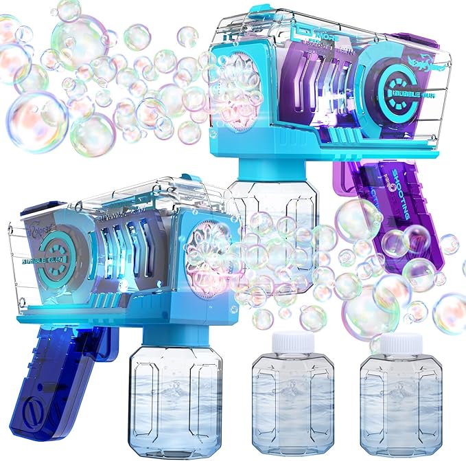 EagleStone 2 Pack Kids' Bubble Guns, Automatic Bubble Machines with 10-Hole Wands, Blasters for Toddlers,Lights Up Bubble & Solution, Easter, Wedding Party Favors, Outdoor for Boys & Girls