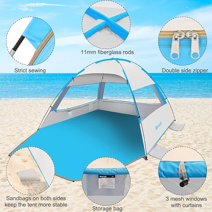 Gorich Beach Tent Sun Shelter for 3/4-5/6-7/8-10 Person with UPF 50＋ UV Protection, Lightweight & Easy Setup Beach Shade Canopy, Portable Beach Shade Tent Beach Cabana