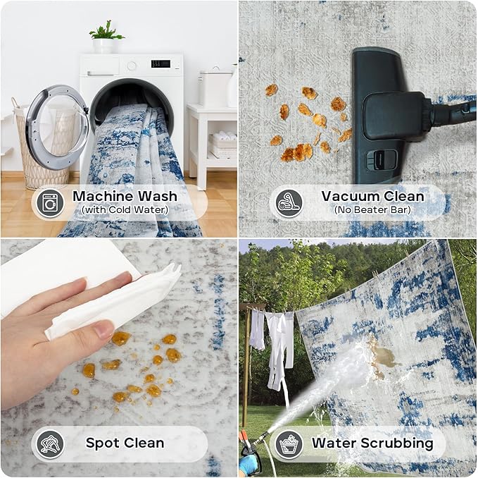 8x10 Area Rugs for Living Room Rug Washable: Modern Large Rug for Dining Room Bedroom Carpet Non Slip 8 by 10 Indoor Abstract Nursery Home Office Blue White