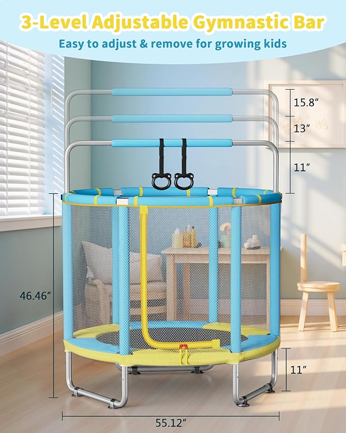 55” Trampoline for Kids, Powder-Coated Mini Trampoline for Toddlers, Indoor Outdoor Toys with Adjustable Gymnastics Bar, Swing, Basketball Hoop, Birthday Gifts for Boys & Girls Ages 1-8