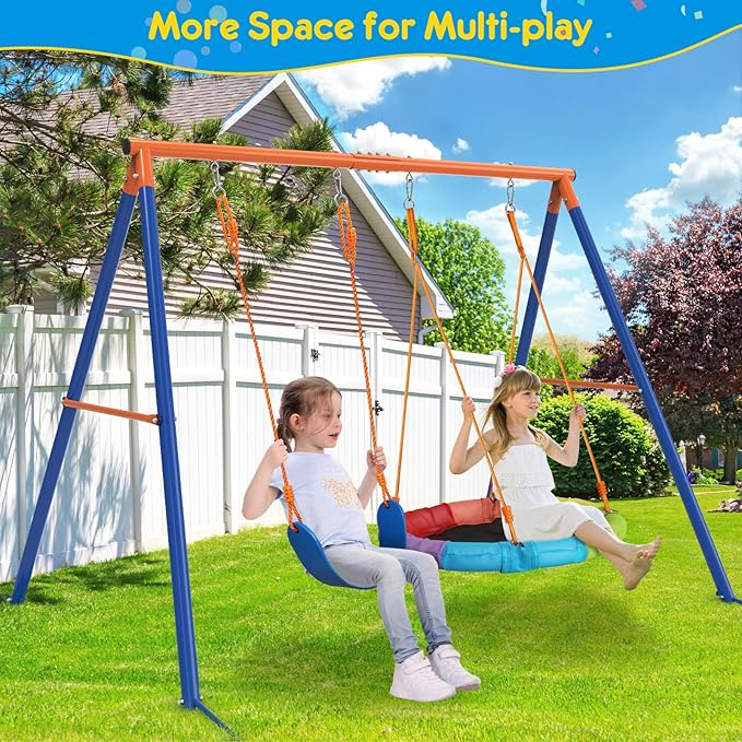 GIKPAL Swing Set with Stand for Kids, Outdoor Swing Sets for Backyard with 32 Saucer and 26.2" Seat, Heavy Duty Metal A-Frame Holds 440 lbs