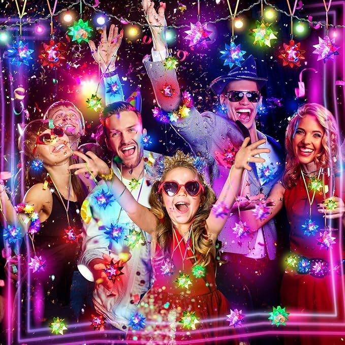 HONLYNE48 48 PCS Flashing Crystal Star Necklaces, LED Glow in The Dark Party Favors for Kids Adults Birthday Rave Halloween Goodie Bags Filler