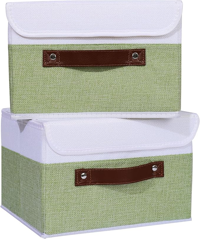 ANMINY 4PCS Storage Boxes with Lid Washable Decorative Storage Bins Basket with PU Leather Handle Foldable Linen Fabric Storage Cubes Containers for Home Closet Organizer - Green White, Small Size