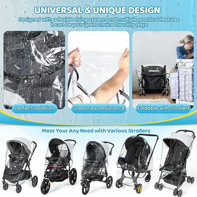 Universal Clear Stroller Rain Cover, No-Zip Waterproof Stroller Cover - Food Grade EVA & Frosted PVC, Baby Travel Weather Shield, Breathable Rain Cover for Most Single Strollers, Black