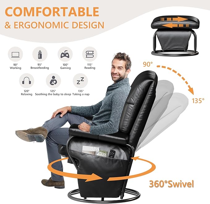 JIASTING 360° Swivel Recliner Chair with Ottoman & Double Side Pockets, Nursing Glider Rocking Recliner Chair, Gliding Chair for Nursery, Living Room, Office, Bedroom, Metal Frame (Black 1)