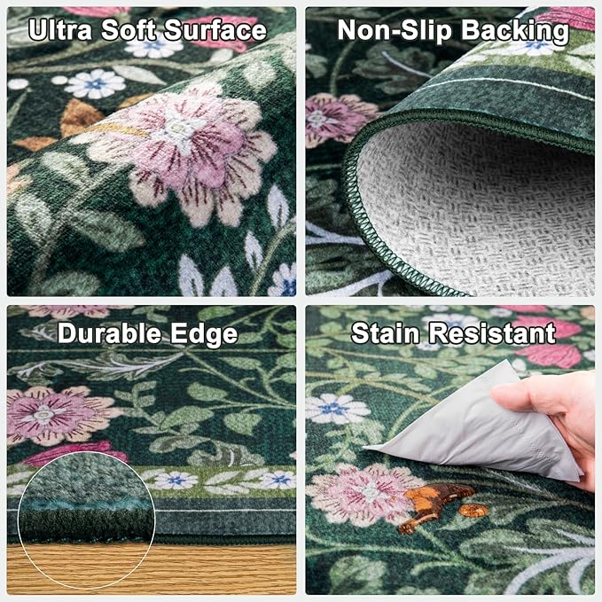Entryway Rug 2X3 Small Rugs: Floral Washable Door Mat Vintage Soft Low Pile Non-Slip Kitchen Rugs Stain Resistant Indoor Throw Rug for Entrance, Bedroom, Kitchen, Laundry, Bathroom Dark Green