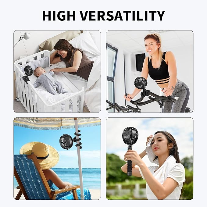 AMACOOL Battery Operated Stroller Fan Flexible Tripod Clip On Fan with 3 Speeds and Rotatable Handheld Personal Fans for Car Seat Crib Bike Treadmill (Black)