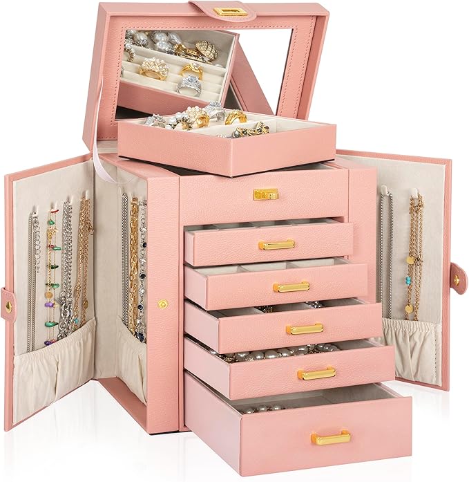 AKOZLIN Jewelry Box Organizer Functional Leather Jewelry Storage Case for Women Girls Ring Necklace Earring Bracelet Holder Organizer with Mirror Pink