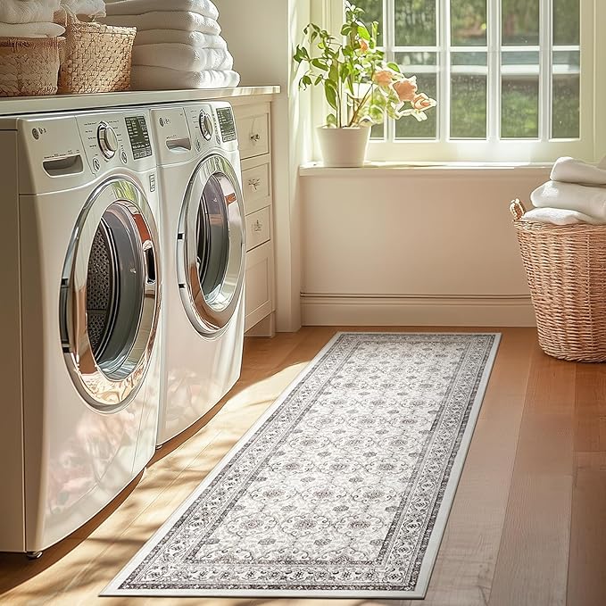 jinchan Runner Rug 2x6 - Machine Washable Beige Vintage Floral Distressed Design Soft Non-Slip Low-Pile Ultra-Thin Runner Rug for Kitchen Hallway Laundry Room Entryway Farmhouse (2‘x6',Beige)