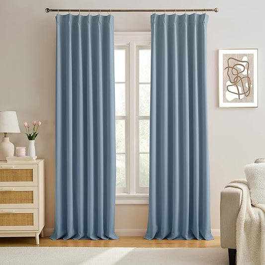 KEQIAOSUOCAI Dusty Blue Pinch Pleated Curtains 120 Inches Long 10 FT Length Room Darkening Draperies Luxury Decor for Living Room Nursery (Stone Slate Blue 40x120 Inch 2 Panels)