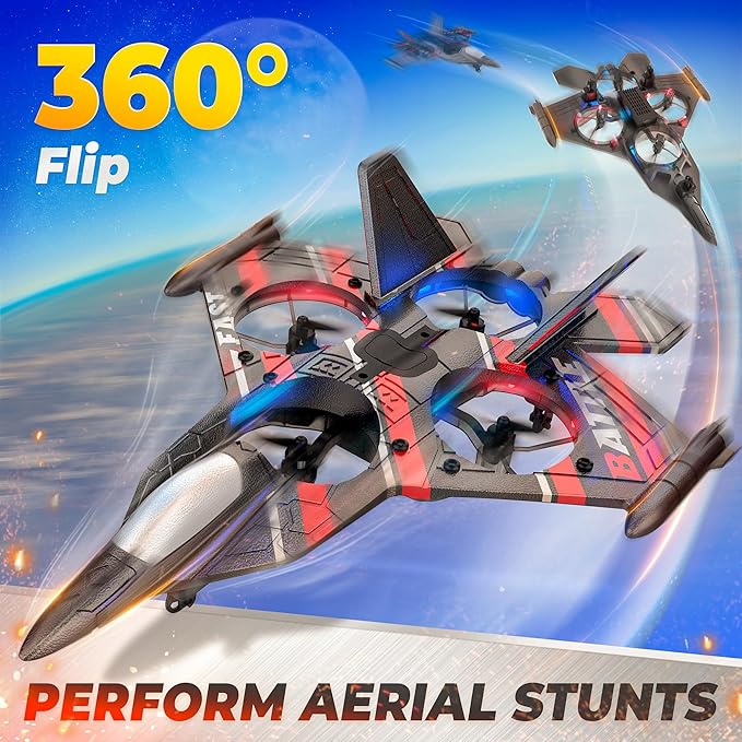 BEZGAR Drones for Kids | 2.4GHZ RC Plane, Remote Control Airplane, RC Helicopter, 360° Flip Fighter Jet Toy, Toys for ages 8-13 with Colorful LED Navigation Lights Red