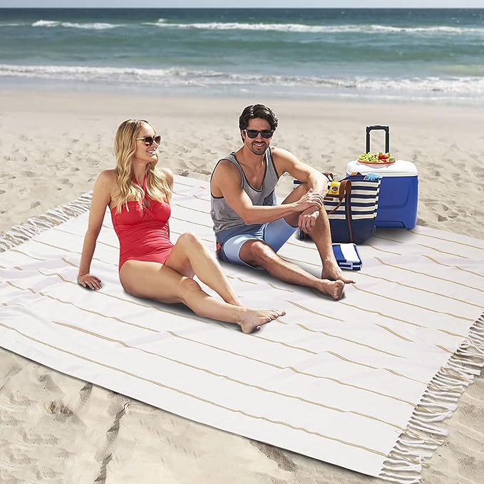 Genovega Cotton Turkish Beach Towel Pool Blanket Sandproof Fast Dry Thin Extra Large XL Compact Shelter Canopy Tent Must Haves Ship Cruise Essentials Spa Accessories Summer Vacation Item Mr Mrs Gift