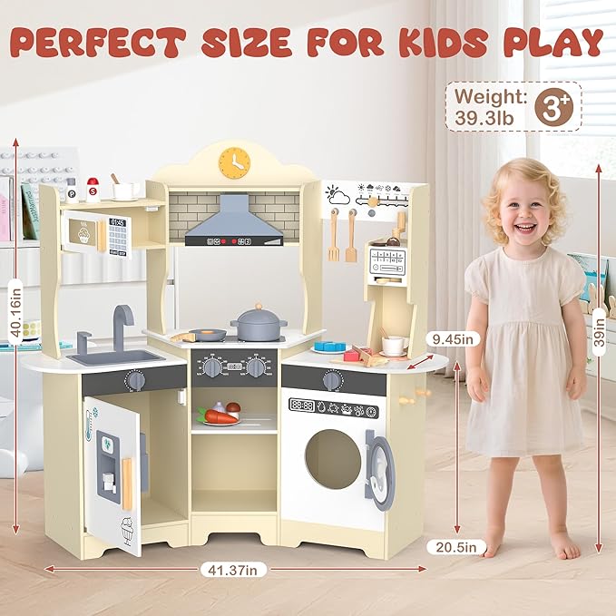 ANPABO Play Kitchen for Kids, Wooden Kitchen Playset w/Real Lights & Sounds, Coffee & Ice Maker, Microwave, Stove, 30Pcs Accessories Include Play Food, Pretend Play Set for Boys & Girls, Yellow