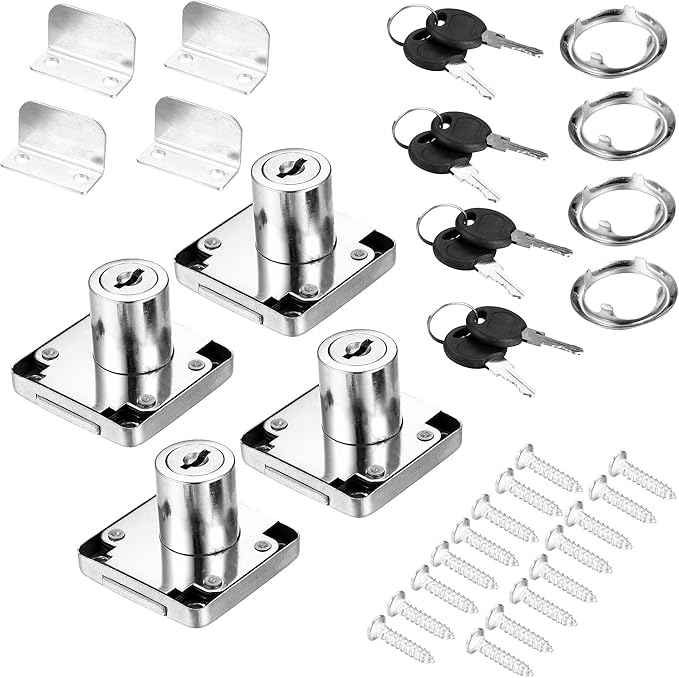 4 Pack Cabinet Drawer Locks with Keys, Keyed Alike Furniture Locker Lock, 3/4" 20mm Cylinder Cam Drawer Locks Chrome-Finish Zinc Alloy, Security cam Drawer Lock for Wardrobe Dresser Mailbox