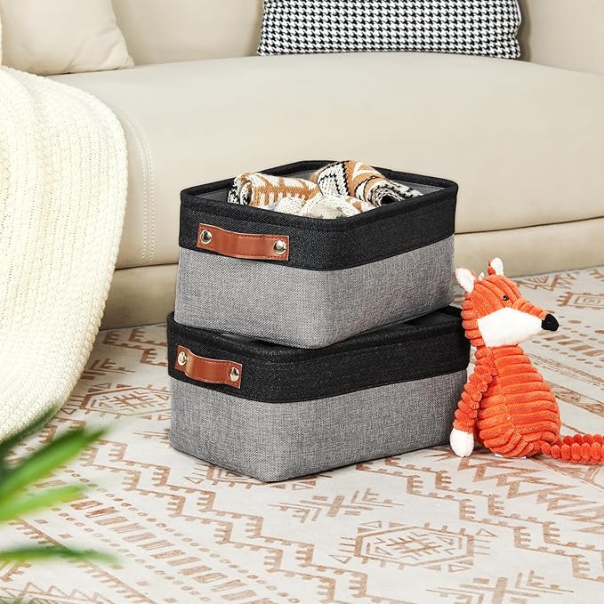 DULLEMELO Small Storage Baskets for Organizing - 11.8x7.9x5.1 inch Collapsible Storage Bins Set of 2 cloth storage bins for organizing Books and towel storage (Black&Grey)