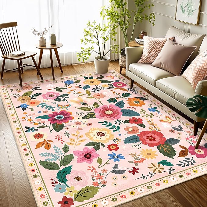 Floral 3x5 Area Rug Machine Washable Soft Print Boho Carpet Non Slip Doormat Low Pile Flower Area Rugs for Living Room Bedroom Nursery Kitchen Dining Room Indoor-Pink