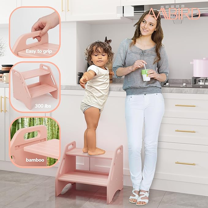 AMBIRD Wooden Step Stool, Two Step Stools Toddler 300 lbs Capacity with Safety Non-Slip Pads and Handles, Bamboo Step Stool for Bathroom, Kitchen Dual Height Step Stools for Kids (Pink)
