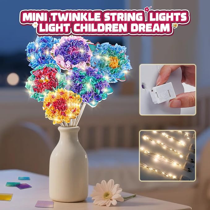 Flower Bouquet Art Craft Kit, Poke DIY Creative Activity Kit with with 6 Flowers & 6 Light Strings, Mess-Free Fun for Girls & Boys, Fun & Educational Kids Craft Gift for Girls Boys Ages 4, 5, 6, 7, 8+