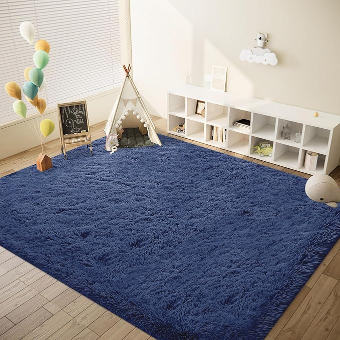 8x10 Area Rug for Living Room: Fluffy Shag Soft Washable Rugs Large Fuzzy Plush Indoor Carpet for Bedroom Nursery Playroom Kids Girls Boys Room (Navy Blue, 8'x10')