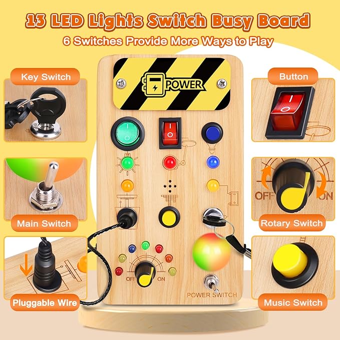 Busy Board Montessori Toys for Toddler, Wooden Sensory Board Switch Toy with Color-Changing LED Light Up Travel Toys Educational Plane Travel Activity for 1-6 Year Old Girls & Boys Gifts