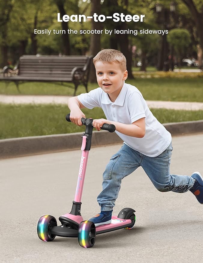 Besrey Kick Scooter for Kids Ages 3-10, 3-Wheel Folding Scooter with Adjustable Height, LED Light Wheels, Extra Wide Deck for Outdoor Activities