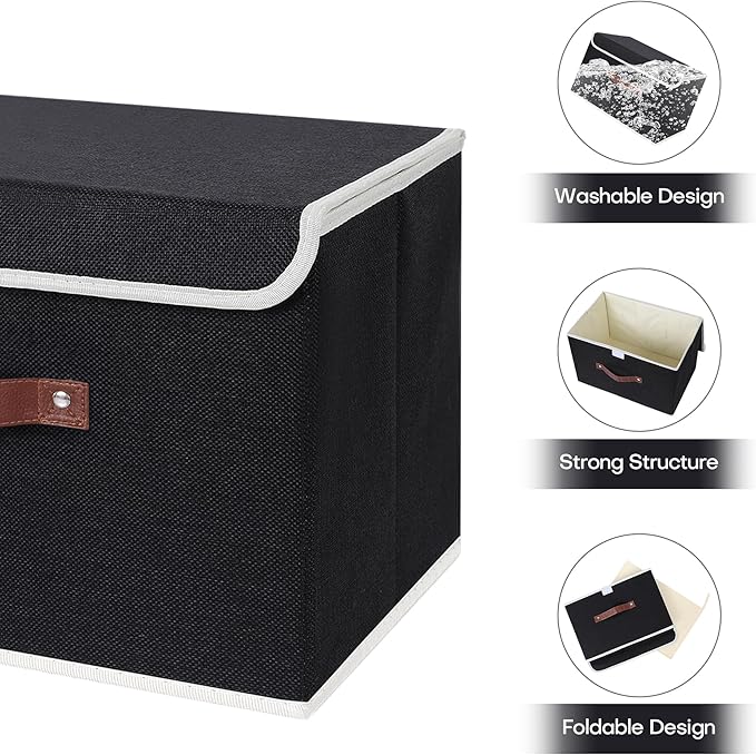 ANMINY 4PCS Storage Bins with Lid PU Leather Handles Storage Boxes PP Plastic Board Decorative Foldable Lidded Cotton Linen Fabric Home Cubes Baskets Closet Organizer Containers - Black, Large Size