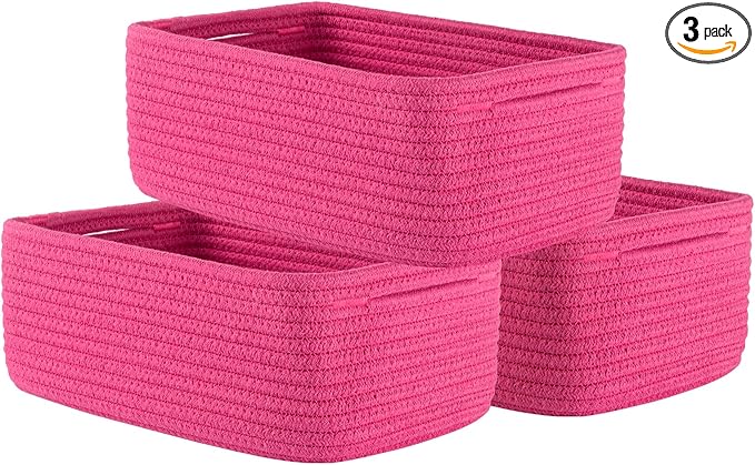 KALLAX Small Woven Basket, 12 x 8 x 4.5 Inches, Storage Basket for Organizing, Cute Small Rope Shelf Closet Cube Storage Bins Baskets for Shelves, Dog Toy Gift Baskets Empty, 3 Packs, Hot Pink