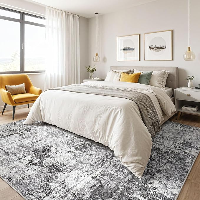 5x7 Area Rugs Living Room: Machine Washable Large Abstract Modern Soft Rug Stain Resistant Indoor Floor Non Slip Accent Carpet for Bedroom Nursery Playroom Dining Room Office Dorm Home- Black Grey