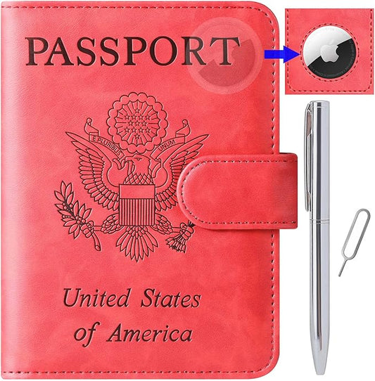Airtag Passport Holder Cover Wallet Travel Essentials Leather Rfid Blocking Case Vacation Luggage Must Haves Travel Accessories for Men Women (117#Red)